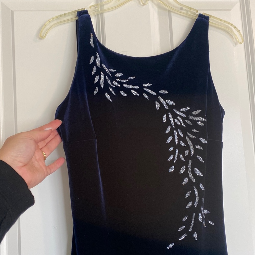 Dark navy velvet floor length gown